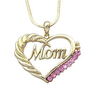 Mom Heart Pendant Necklace Pink Birthstone‎ Gold Tone Mother’s Day Gift
